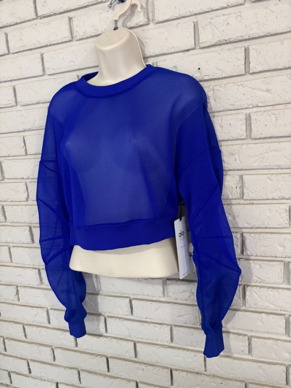 ALO Yoga Row Blue Mesh Long Sleeve Athletic Crop Pullover Sheer Top XS NWT